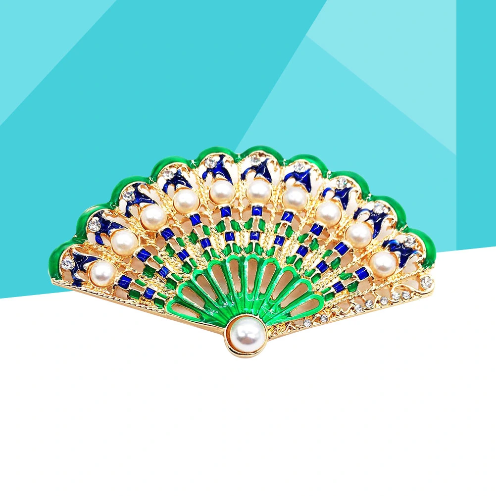 1 Pcs Chinese Style Fan Brooch Enamel Fan Enamel Pearl Brooch for Women and Girls (Green)