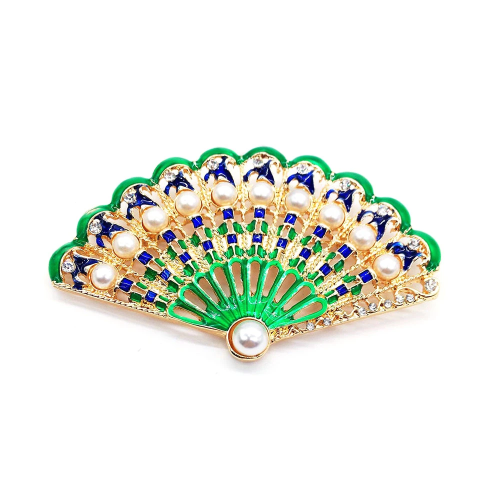 1 Pcs Chinese Style Fan Brooch Enamel Fan Enamel Pearl Brooch for Women and Girls (Green)