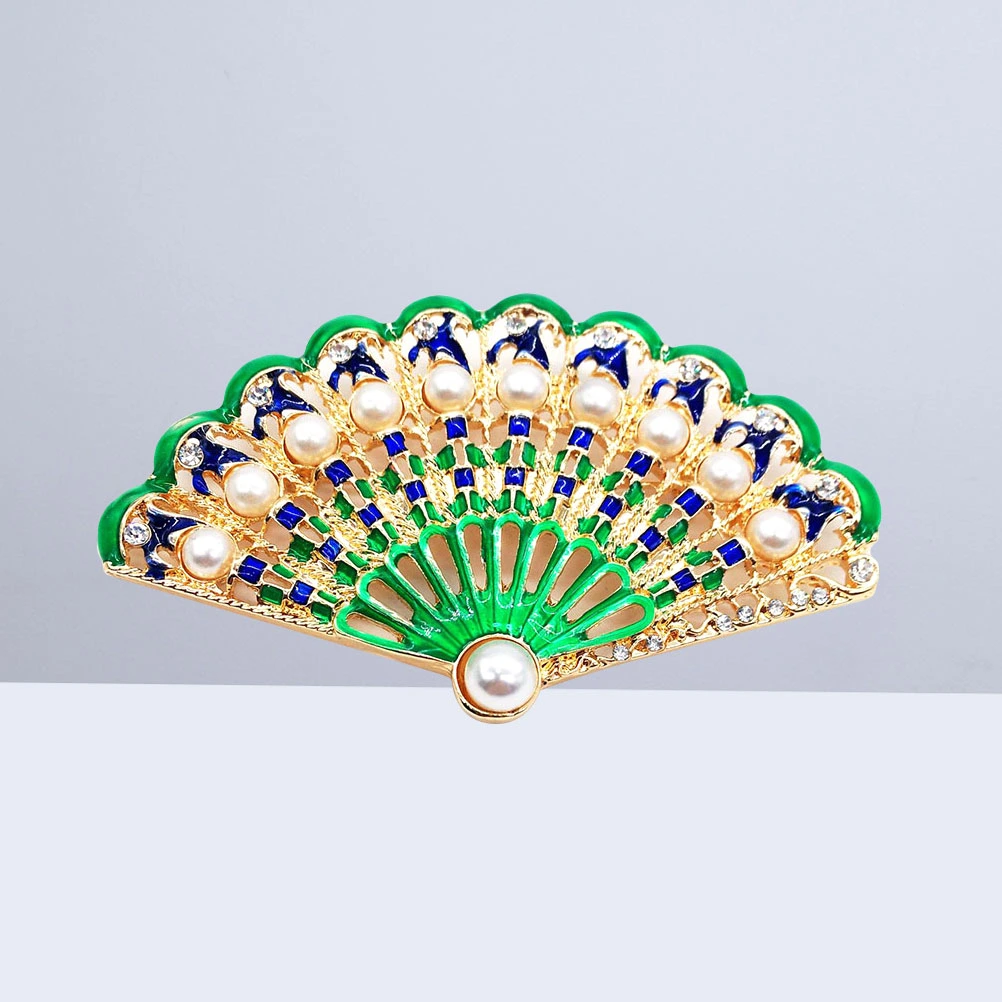 1 Pcs Chinese Style Fan Brooch Enamel Fan Enamel Pearl Brooch for Women and Girls (Green)