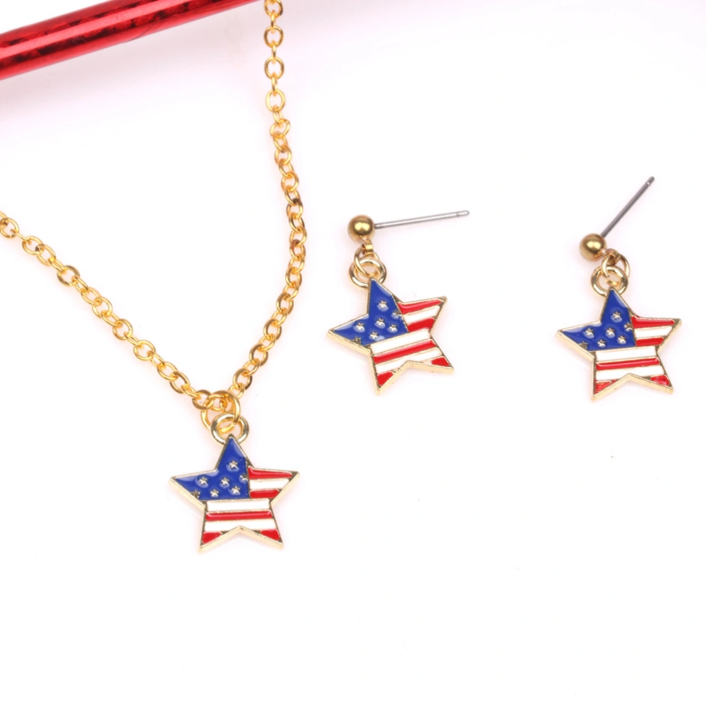 Retro Oil Drip Alloy American Flag Necklace Flag Star Shape Pendant Necklace Earring Jewelry Set Gift for Female Women