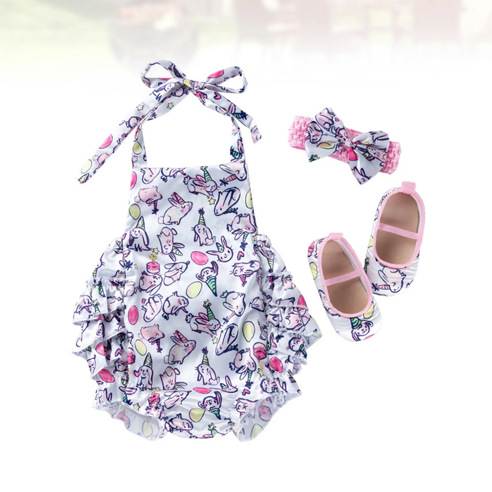 1 Set Easter Printed Baby Outfits Set Delicate Bellyband Shoes Headband Rompers Kit Baby Photography Baby Clothes (Size 73)
