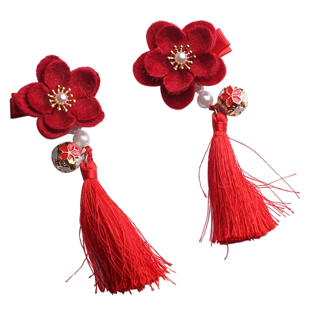 1 Pair of Kids Cloth Flower Bell Duckbill Clip Tassel Hair Clips Chinese Clothes Hair Accessories for Children Girls (Red)