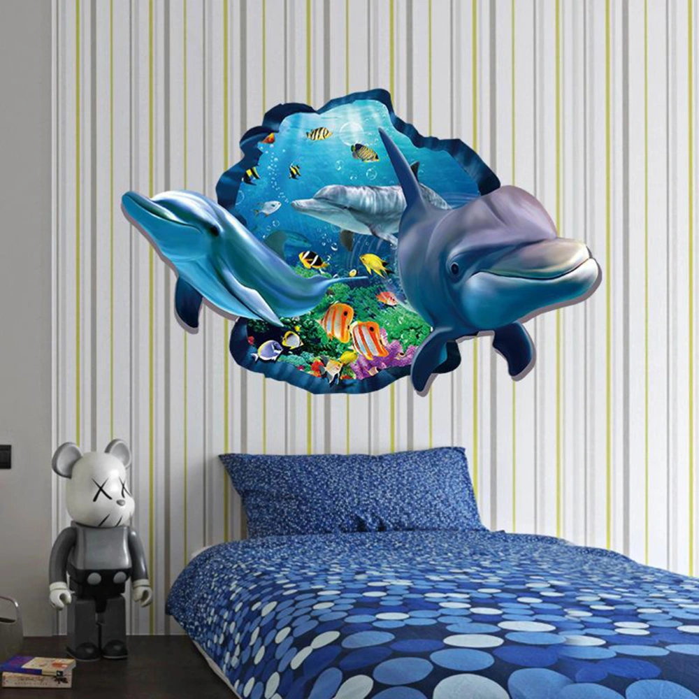 3D Ocean Dolphin Wall Decors Peel & Stick Wall Arts Decals Removable DIY Cartoon Stickers Murals Decoration for Nursery Room Toilet Kitchen Offices