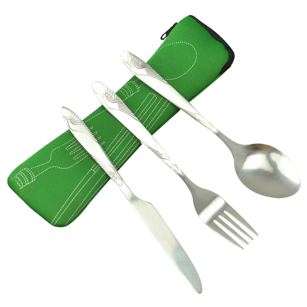 3 PCS Stainless Steel Tableware Set Portable Travel Silverware Lightweight Travel/Camping Cutlery Set with Neoprene Case-Knife, Fork, Spoon (Green Set)