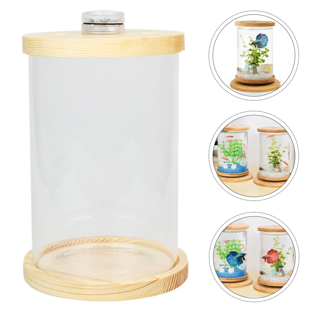 Transparent Glasss LED Aquarium with Wooden Lid Base Portable Desktop Fish Tank