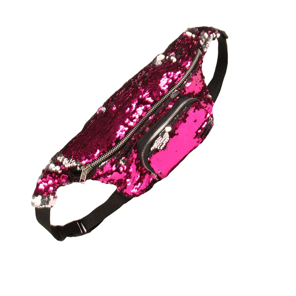 Sequin Waist Bag Reversible Sequin Waist Pack Double Color Hip Pack Belt Bag for Outdoor Sports Travel Party(Rose Red)