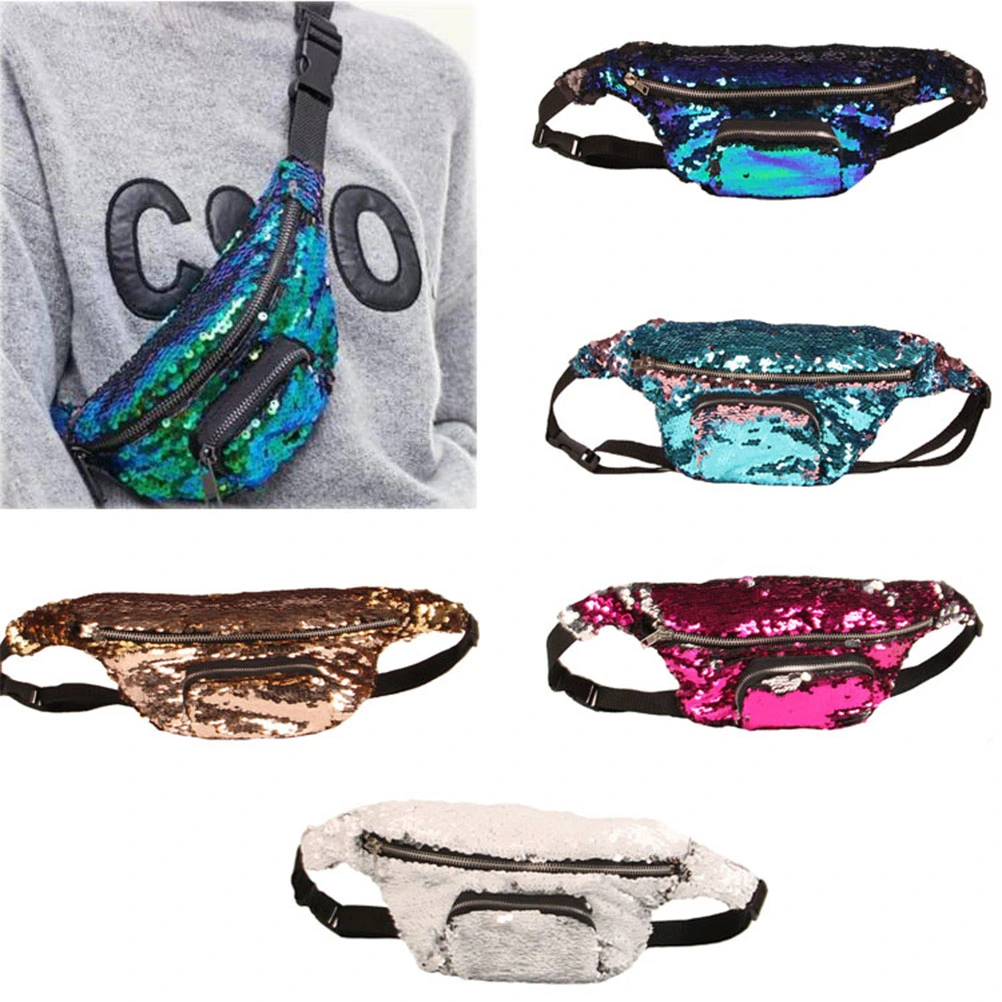 Sequin Waist Bag Reversible Sequin Waist Pack Double Color Hip Pack Belt Bag for Outdoor Sports Travel Party(Rose Red)
