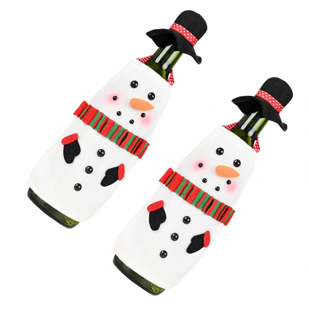 2 Sets Creative Christmas Bottle Hat and Apron Snowman Design Christmas Red Wine Bottle Cover Fabric Apron Xmas Party Ornament Home Decoration Accessary