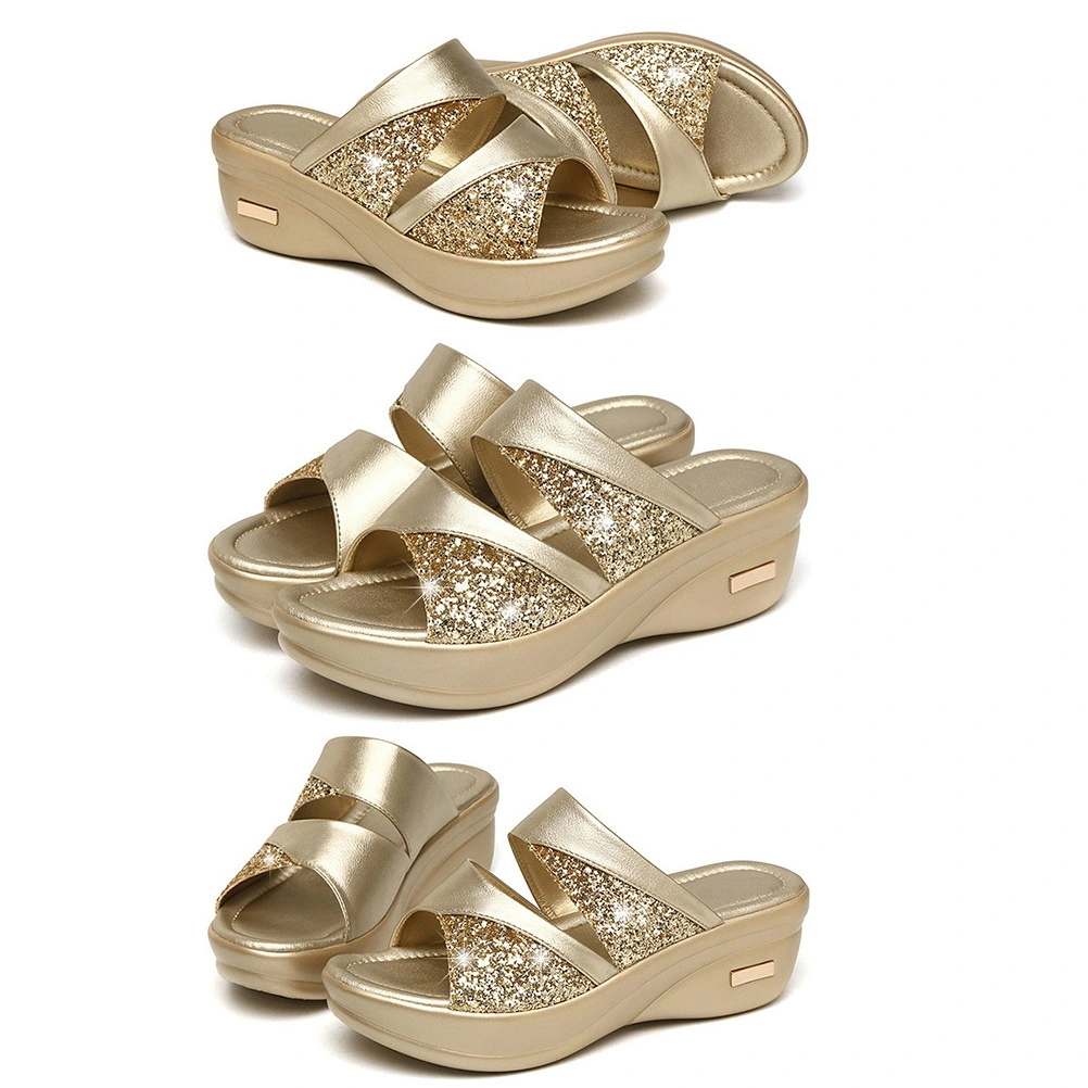 1 Pair Thick Wedge Sole Slipper Summer Female Sandals Stylish Fish Mouth Wedges Mom Shoes Outdoor Casual Slippers for Women Wearing (Golden Size 40 8US, 5.5UK, 39EU, 9.825 Inch)