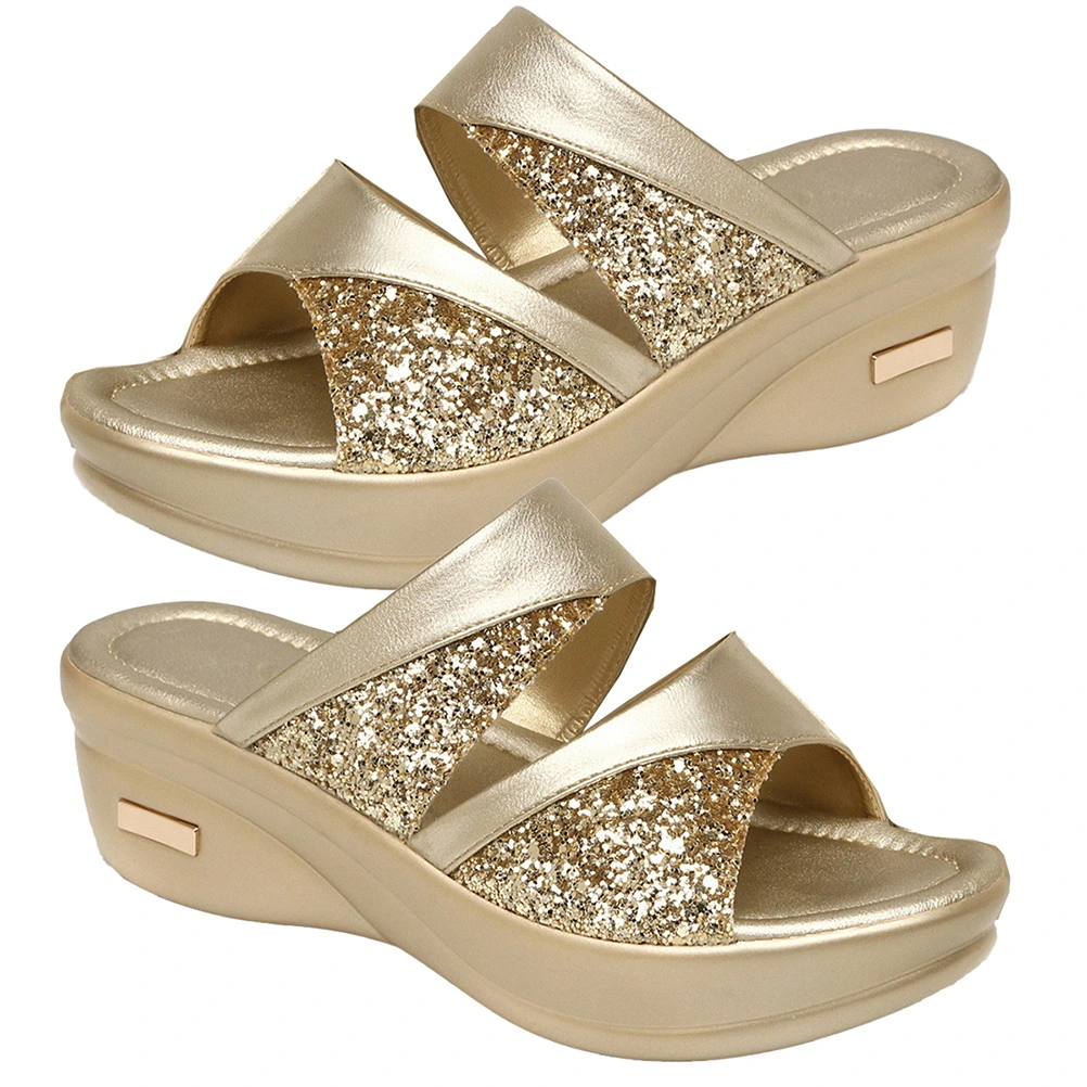 1 Pair Thick Wedge Sole Slipper Summer Female Sandals Stylish Fish Mouth Wedges Mom Shoes Outdoor Casual Slippers for Women Wearing (Golden Size 40 8US, 5.5UK, 39EU, 9.825 Inch)