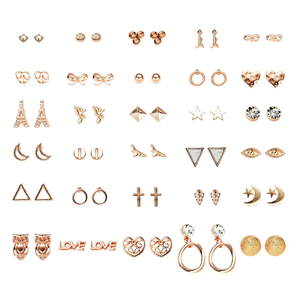 30 Pairs Women Small Fresh Earrings Set Geometric Animal Moon Star Shape Ear Rings Set (Golden, Random Style)