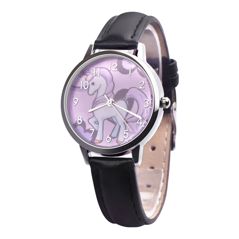 Cartoon Unicorn Pattern Watch Waterproof Wrist Watch Quartz Watch Fashion Cartoon Children Watch Wrist Time Device with Leather Bands (Black)