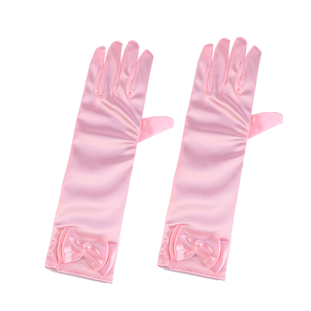 1 Pair Flower Girl Gloves Long Satin Bowknot Dress Gloves for Wedding Evening Party (Pink)