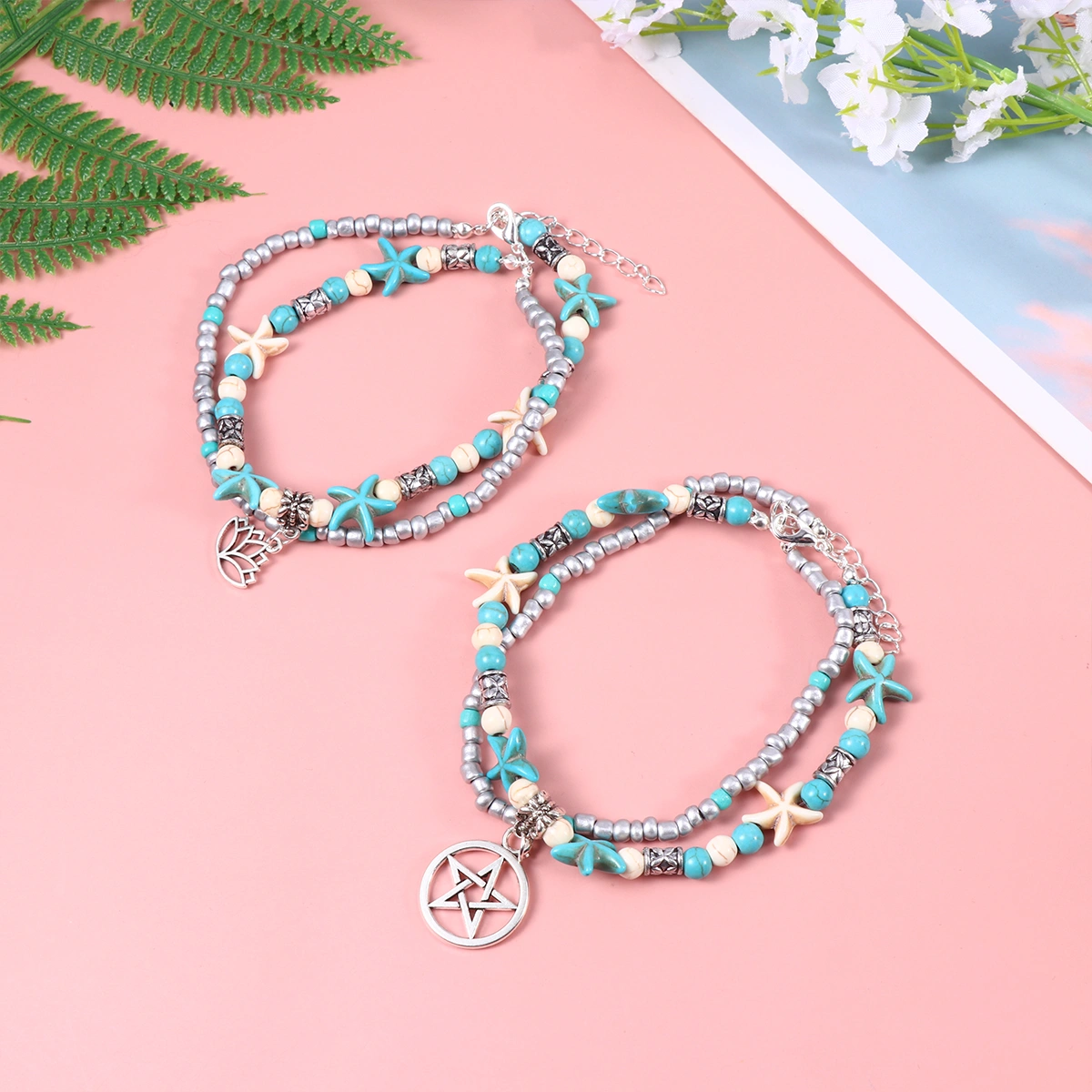2pcs Ankle Chain Fake Pearl Sea Star Double Layer Pine Stone Beach Anklet Hawaii Style Foot Chain for Women (Pentagram + Lotux)