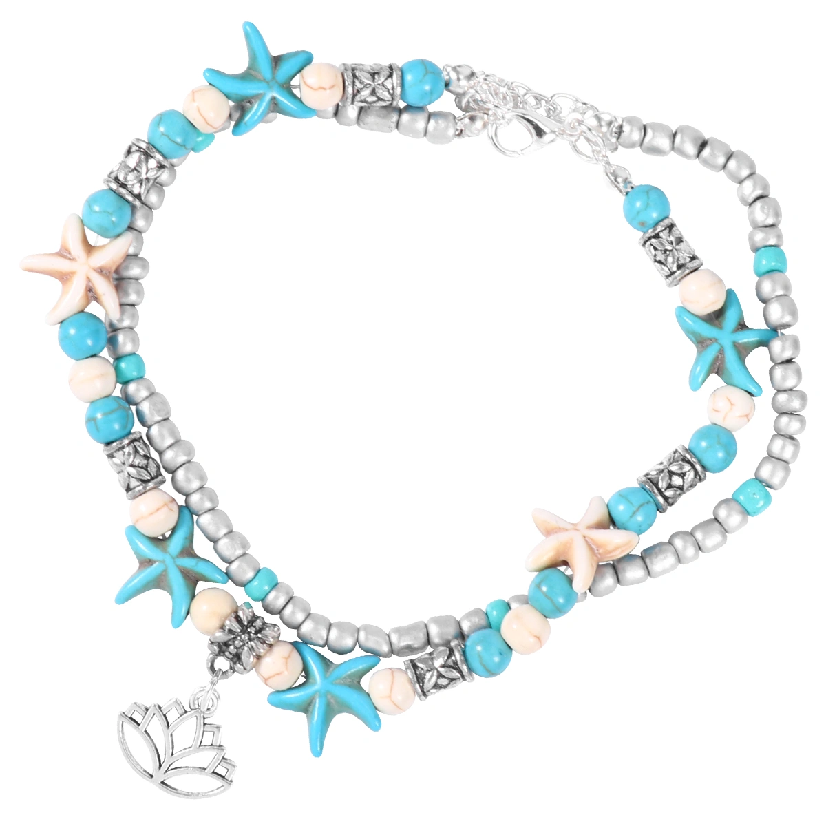 2pcs Ankle Chain Fake Pearl Sea Star Double Layer Pine Stone Beach Anklet Hawaii Style Foot Chain for Women (Pentagram + Lotux)