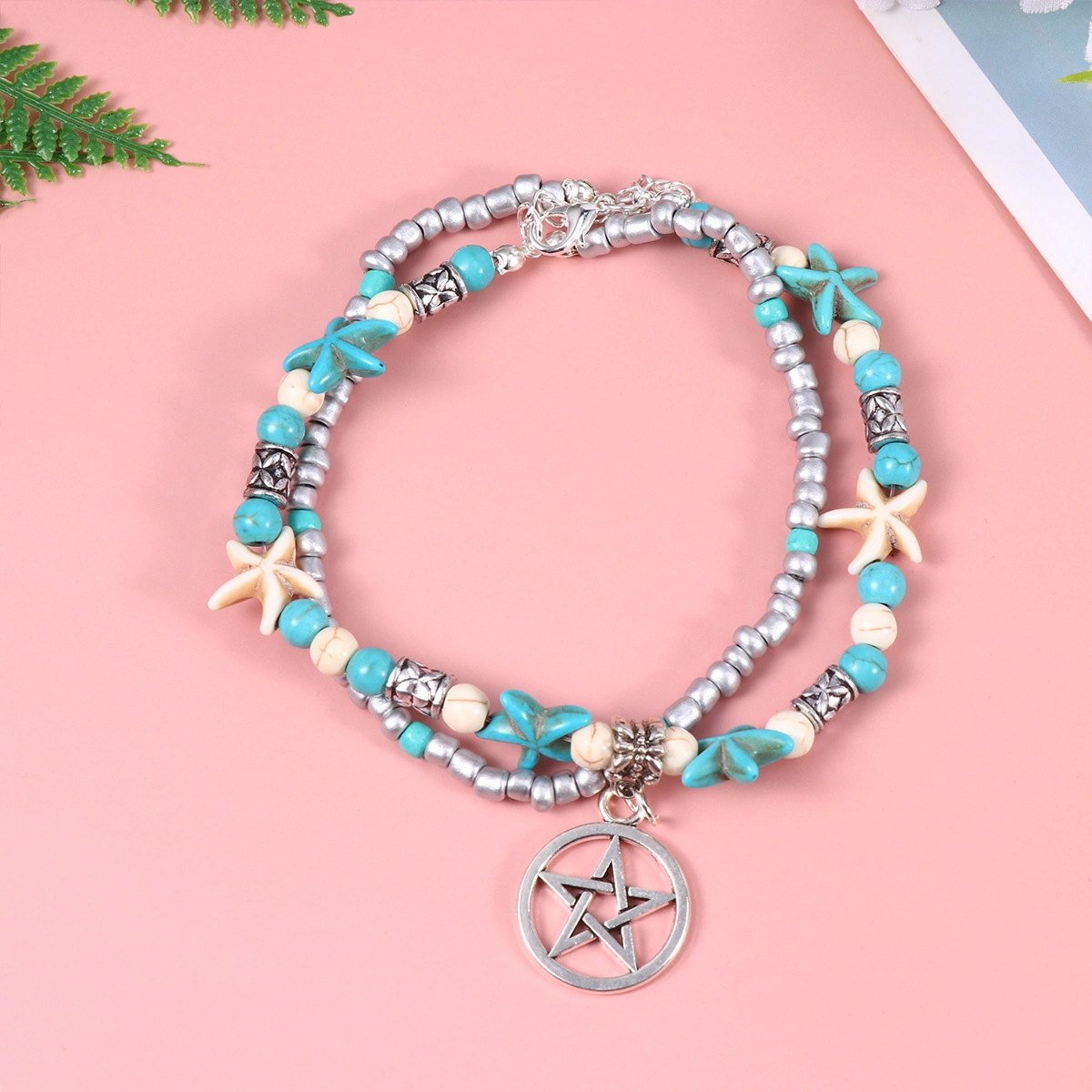 2pcs Ankle Chain Fake Pearl Sea Star Double Layer Pine Stone Beach Anklet Hawaii Style Foot Chain for Women (Pentagram + Lotux)