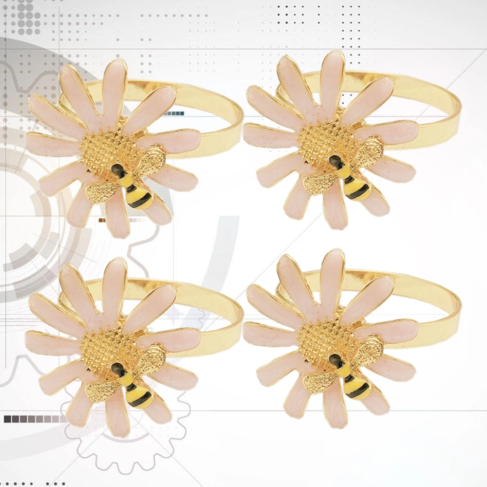 4PCS Daisy Bee Napkin Rings Delicate Flower Bee Napkin Buckles Multi-purpose Napkin Holders Dinning Table Setting Decor for Party Table (Pink)