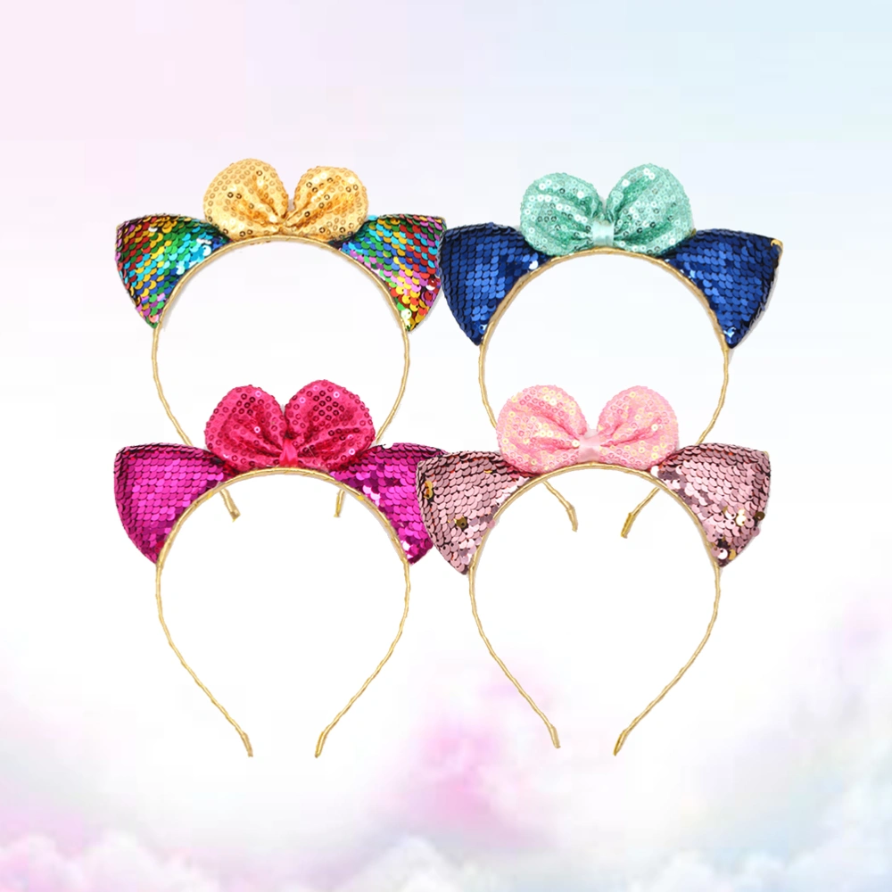 4pcs Cat Ears Headband with Bowknot Glitter Sequin Hairband Hair Party Hair Accessories (Gold + Mint + Rose Red + Light Pink)