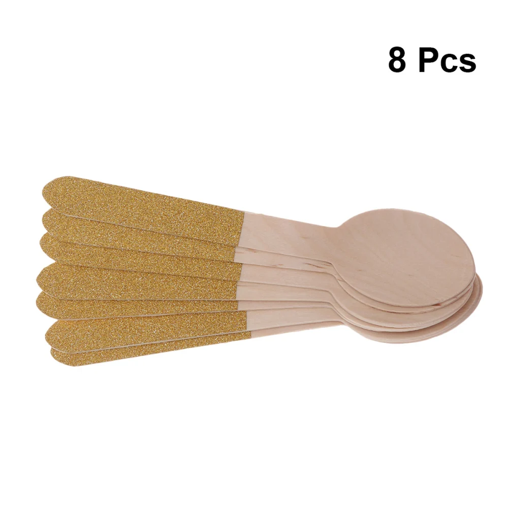 8 Pcs Wooden Spoons Disposable Eco-friendly Hot Stamping Golden Handle Tableware Food Fruit Serving Spoons Wedding Birthday Party Wooden Flatware