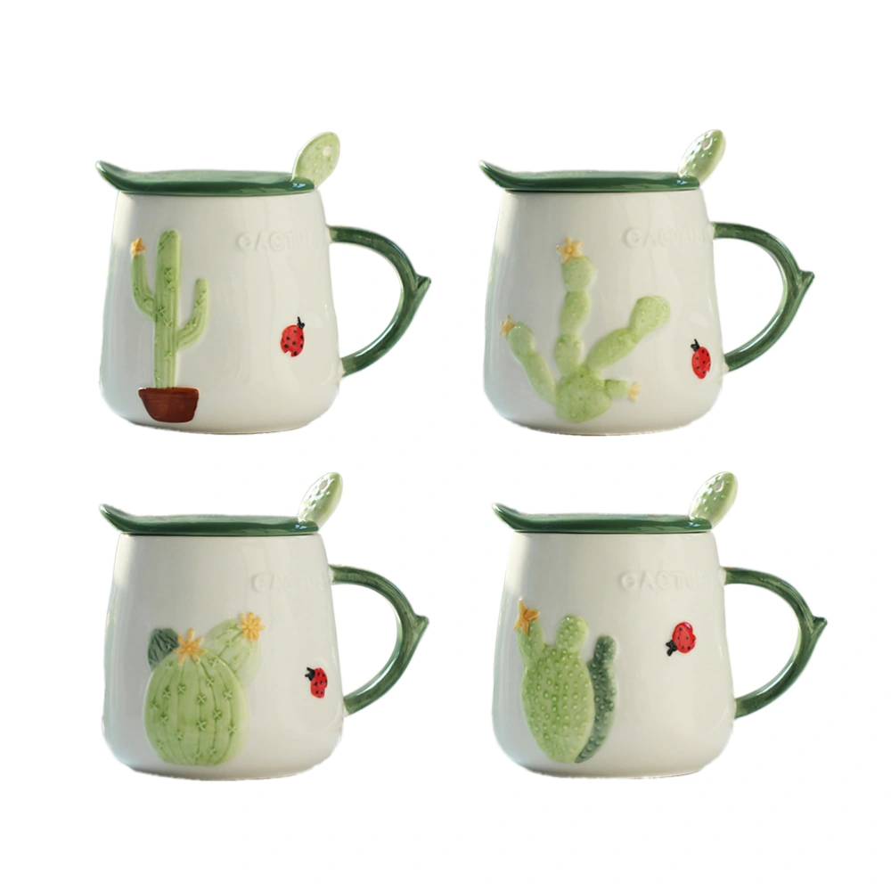 450ML Creative Cactus Ceramics Mug Cup Portable Large Capacity Juice Cup Milk Cup with Lid and Spoon (Cactus Column)