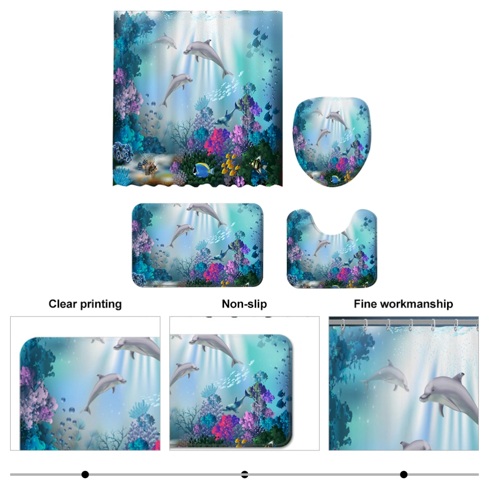 1 Set of Ocean Animal Decorative Bath Curtain Bathroom Mat Toilet Cover