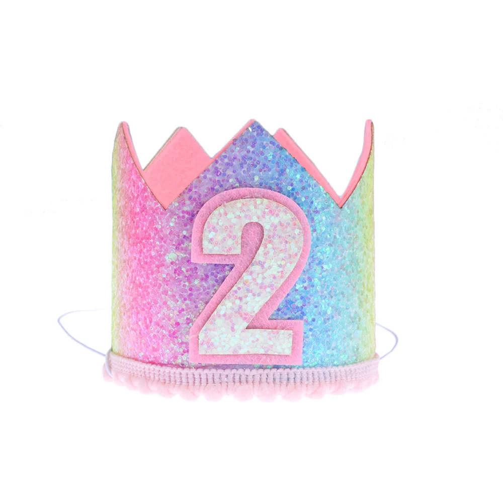 1PC Rainbow Gradient Glitter Particles Crown Baby Birthday Decoration Birthday Hat (Rainbow Crown Number 2)