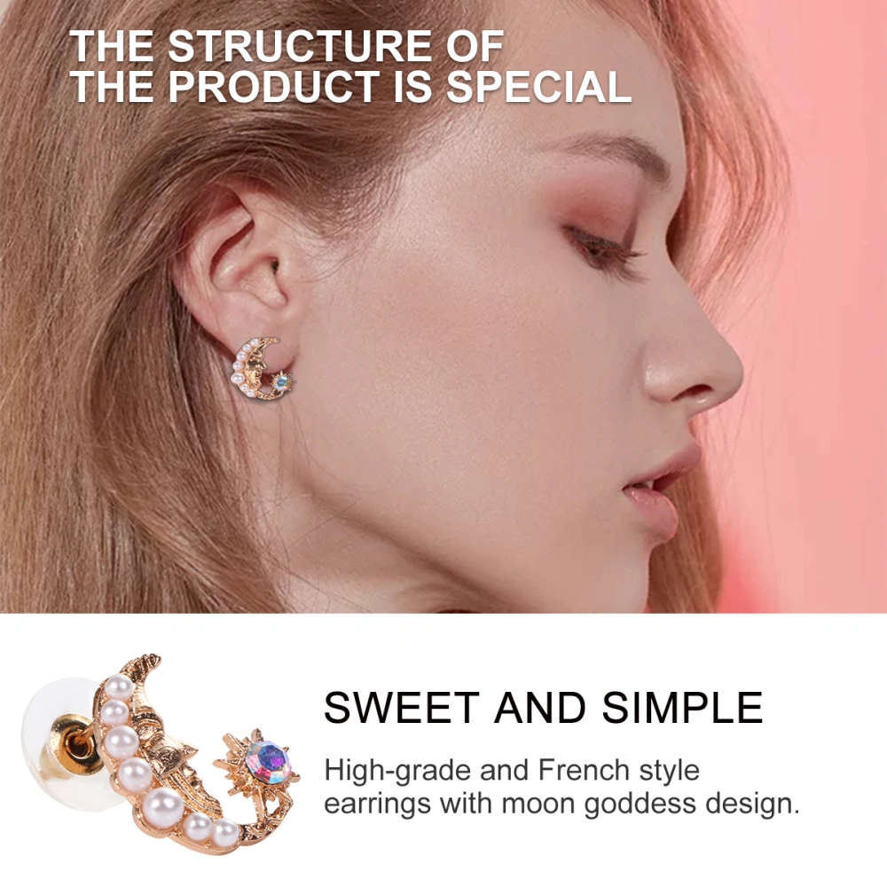 Moon Ear Stud Sweet Simple Human Face Pearl Personality Ear Stud Metal Earring for Woman (Golden)