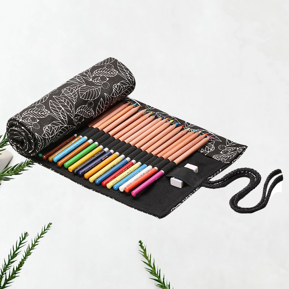 Practical 36 Slots Canvas Pencil Wrap Roll Up Case Holder Large Capacity Travel Drawing Coloring Pencil Roll Organizer (Black Leaves Pattern)