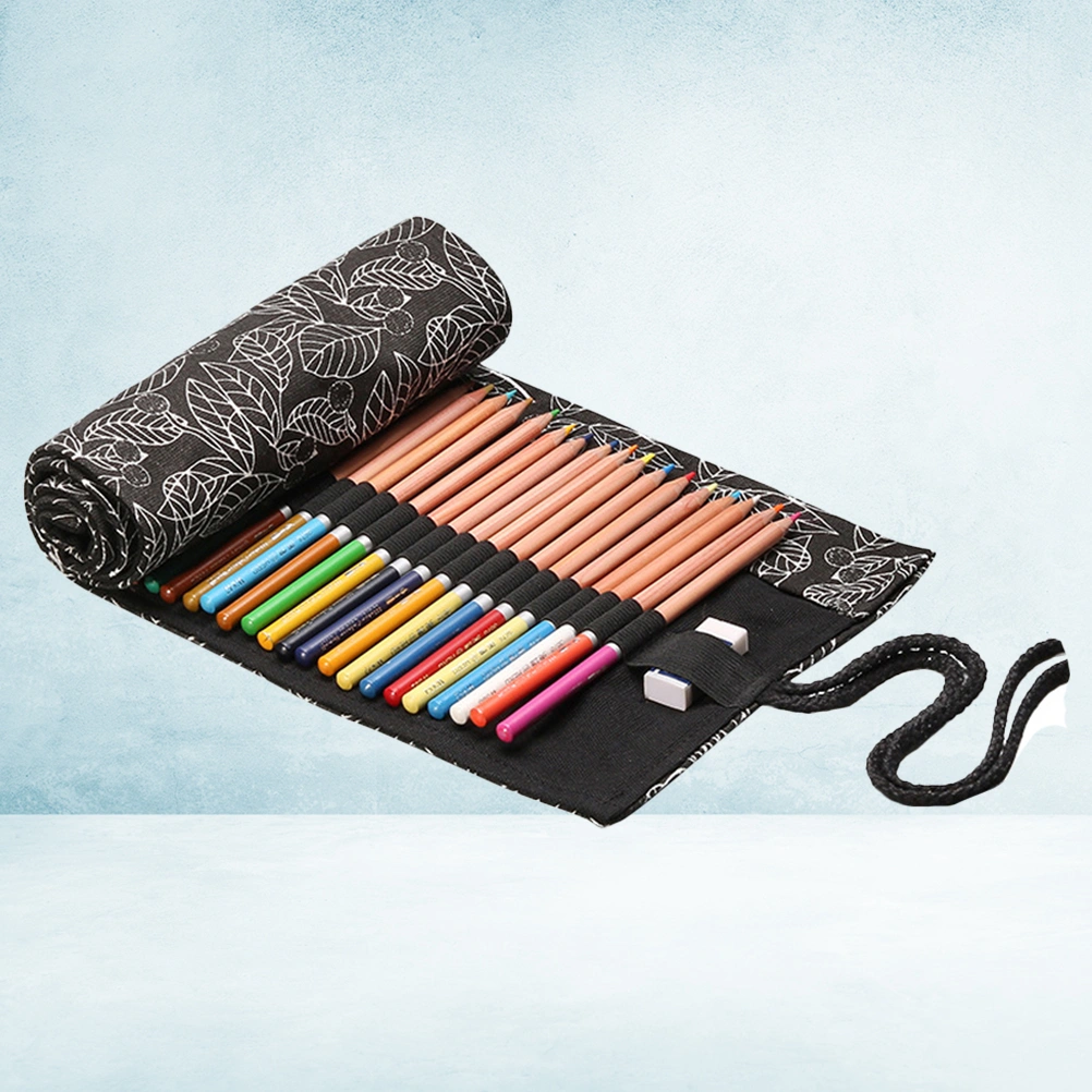 Practical 36 Slots Canvas Pencil Wrap Roll Up Case Holder Large Capacity Travel Drawing Coloring Pencil Roll Organizer (Black Leaves Pattern)