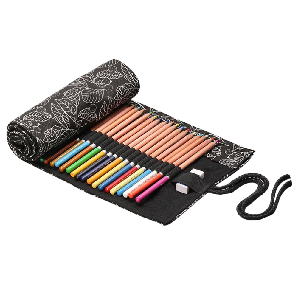 Practical 36 Slots Canvas Pencil Wrap Roll Up Case Holder Large Capacity Travel Drawing Coloring Pencil Roll Organizer (Black Leaves Pattern)