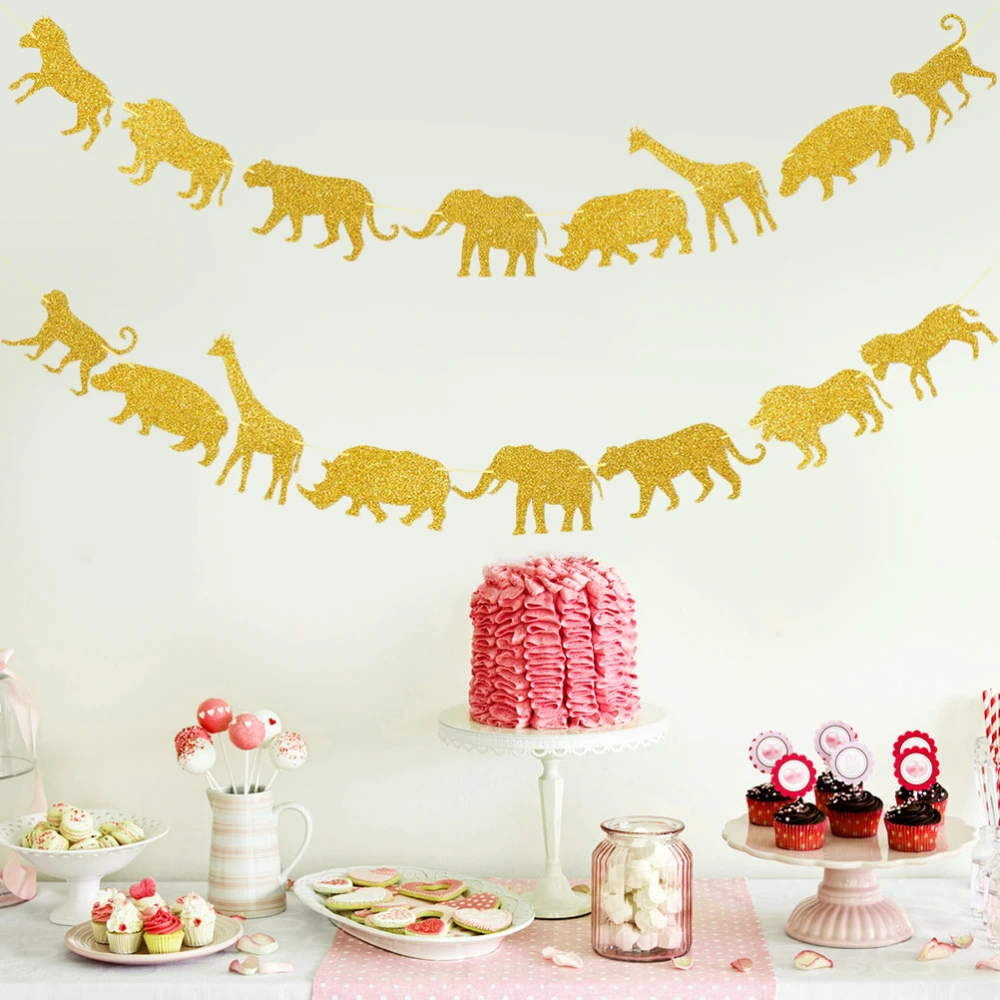 2pcs Party Banner Birthday Banner Pull Flag Jungle Animal Theme Design Tiger Elephant for Kids (Golden)