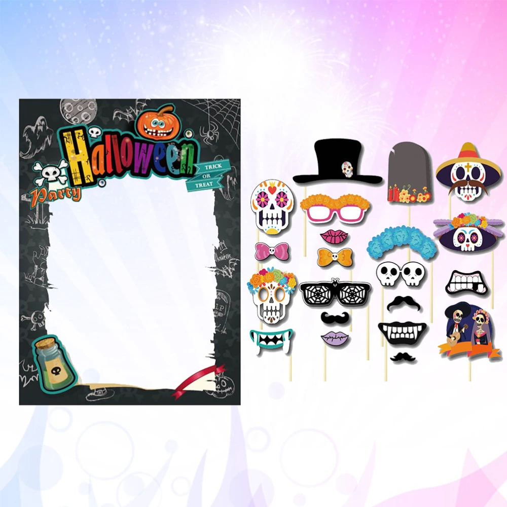 22PCS Halloween Skull Party Photo Props Pumpkin Photo Booth Props Party Photo Photography Accessories(1pc Photo Frame+21pcs Photo Props)