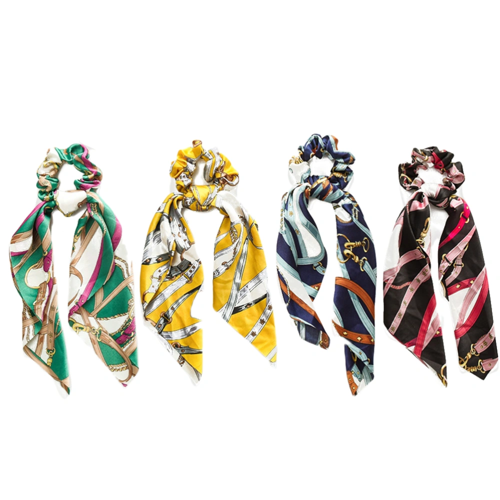 4 Pcs Cloth Art Hair Band Printed Hair Tie Ribbon Knot Ponytail Holders Hair Accessories (Green Tassel Chain, Black Red Tassel Chain, Dark Blue Tassel Chain, Yellow Tassel Chain, 1 Pcs Each)