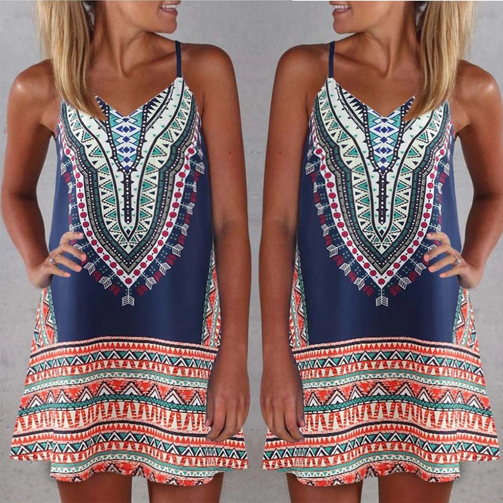 Ethnic Style Printed Dress Short Skirt Beach Skirt Casual Dress for Women Ladies Girls (Blue Size M)