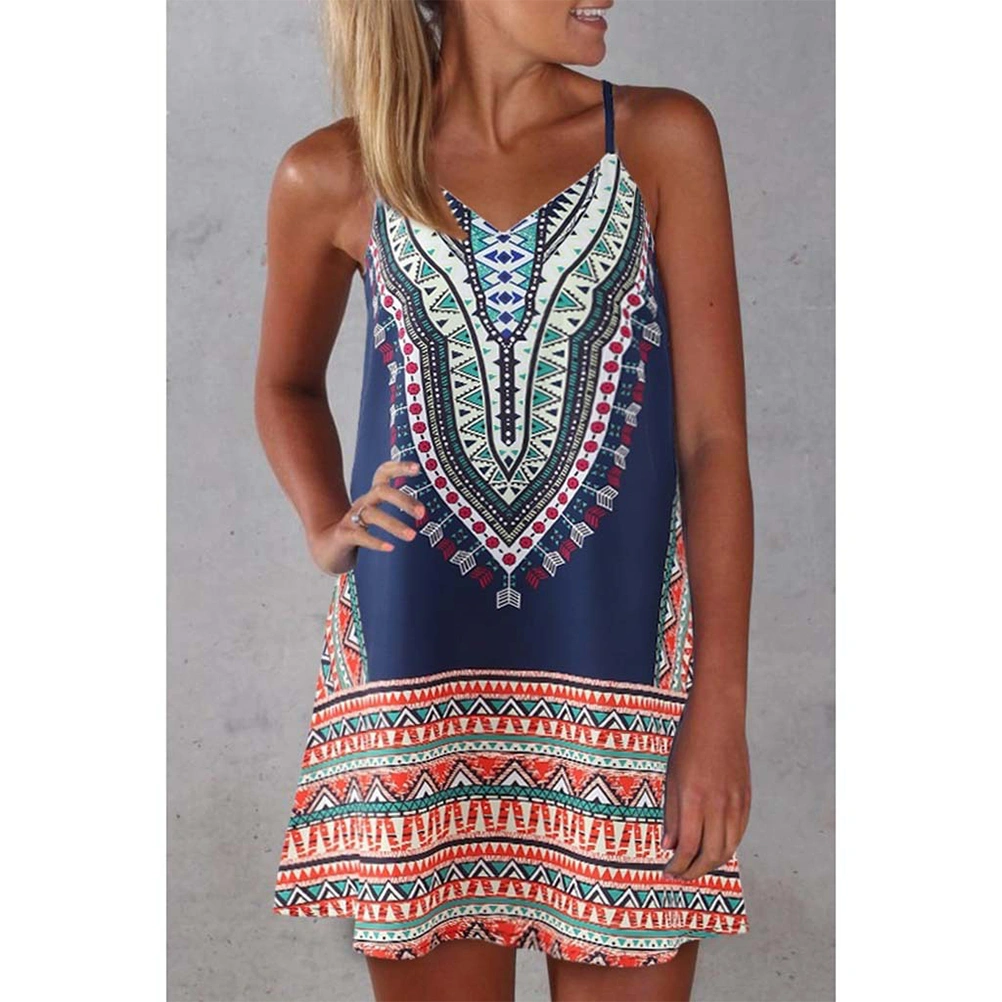 Ethnic Style Printed Dress Short Skirt Beach Skirt Casual Dress for Women Ladies Girls (Blue Size M)