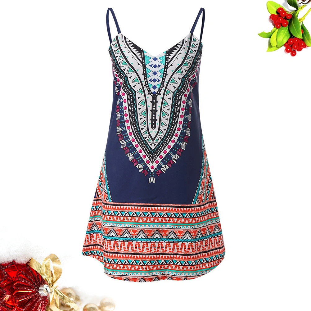 Ethnic Style Printed Dress Short Skirt Beach Skirt Casual Dress for Women Ladies Girls (Blue Size M)