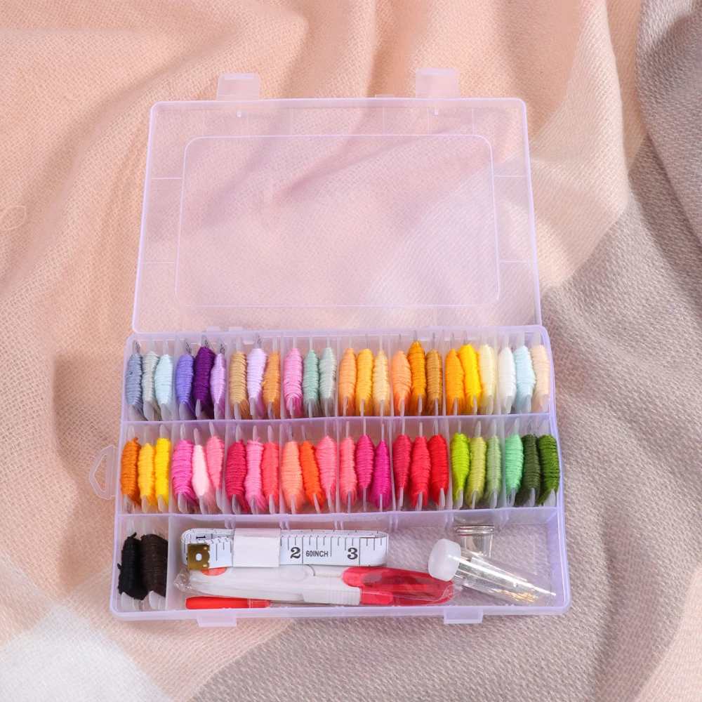 1 Set Embroidery Tools Kit 50 Pcs Solid Color Threads and 8 Pcs Accessories with 1 Pc Plastic Box for DIY Sewing Home Women Girl