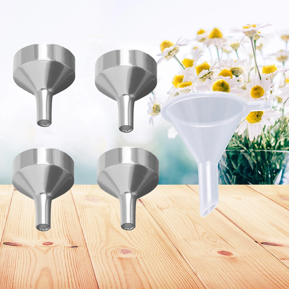4pcs Mini Silver Metal Funnels for Transferring Liquid Spices Perfume Essential Oil with 1pc PP Funnel