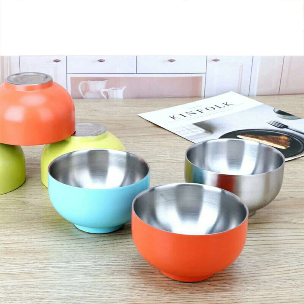 14cm Stainless Steel Double Layer Bowl Thickening Anti-scald Soup Bowl Snack Bowl for Kids and Toddler (Sky-blue)