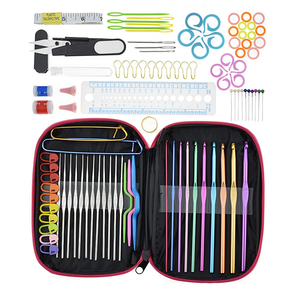 100pcs Crochet Hooks Set Colorful Aluminum Crochet Hooks Knitting Needles with Accessories Tools (Rosy Case)