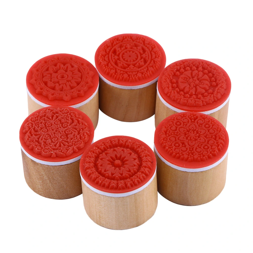 6pcs Vintage Style Round Shaped Wooden Rubber Stamps in Different Flower Floral Patterns