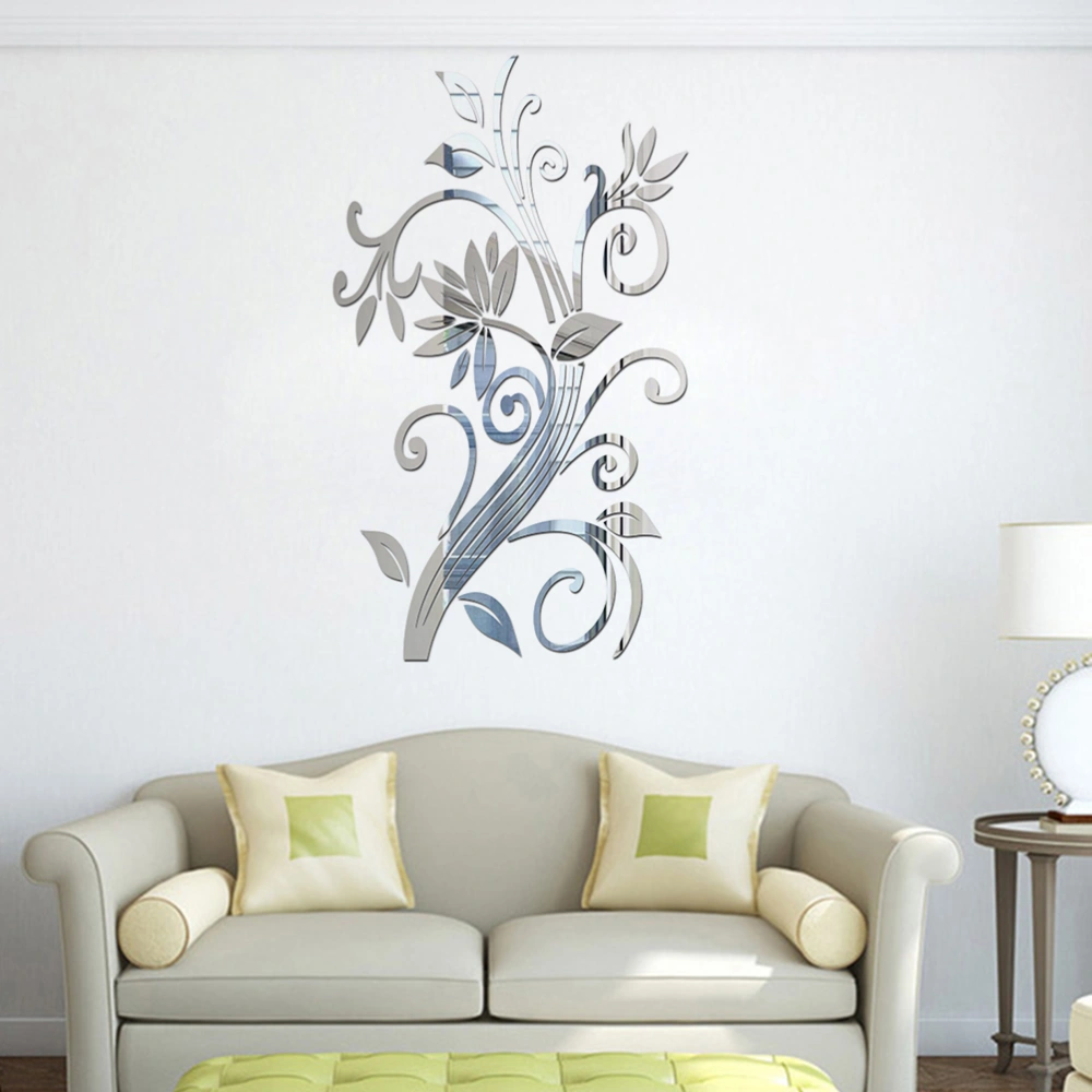 Flower Rattan Acrylic 3D Crystal Mirror Wall Sticker Home porch Background Wall Sticker (Silver)