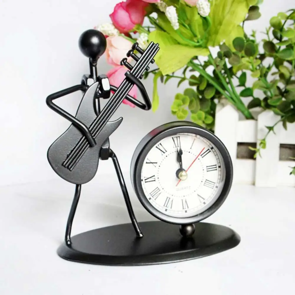 Metal Desktop Decoration Guitar Shaped Clock Creative Clock Decorative Crafts Without Battery Black