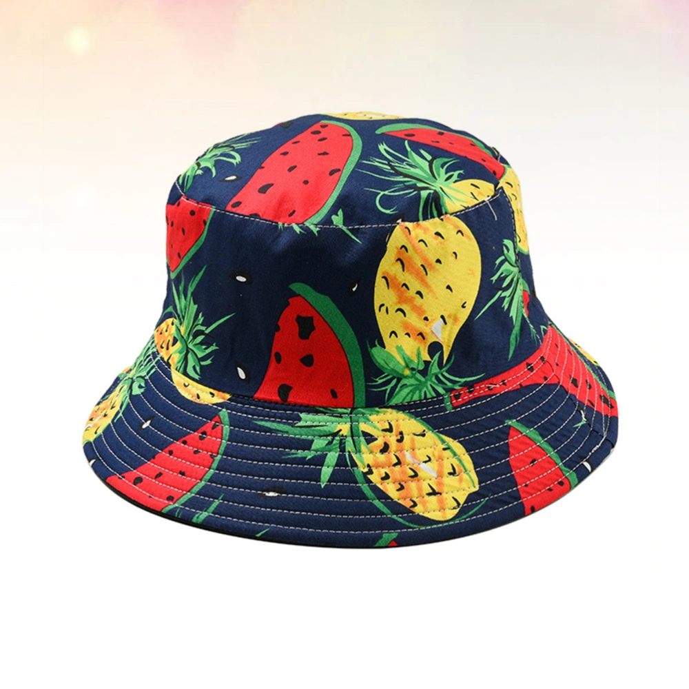 1Pc Harajuku Style Sun Hat Outdoor UV Protection Summer Fisherman Hat Bucket Hat Summer All-match Sun Protection Reversible Fruit Design Headwear (Watermelon Navy Blue)