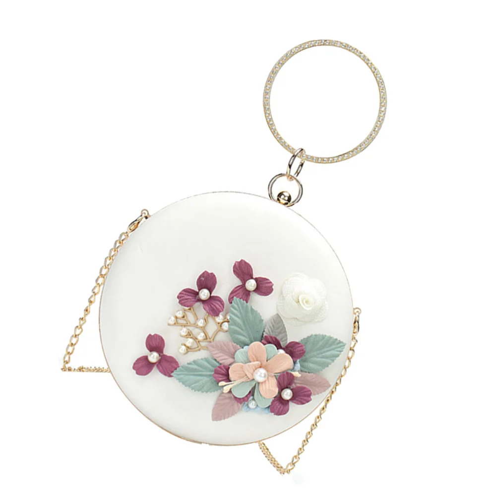 Floral Evening Clutch Bag Pearl Beaded Flower Embroidered Clutch Purse Round Handbag Crossbody Bag (White)