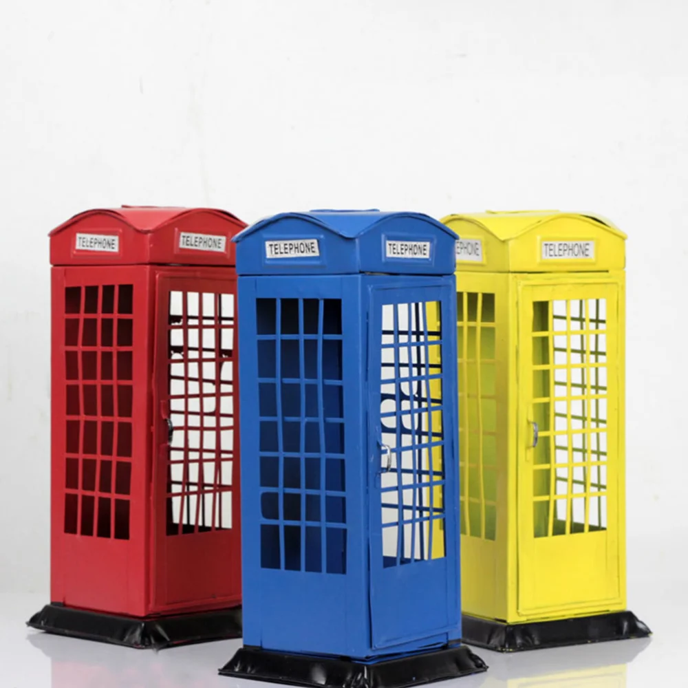 1pc Old-fashion Phone Booth Decor Vintage Money Jar Delicate Saving Pot Tinplate Coin Bank for Kids Blue