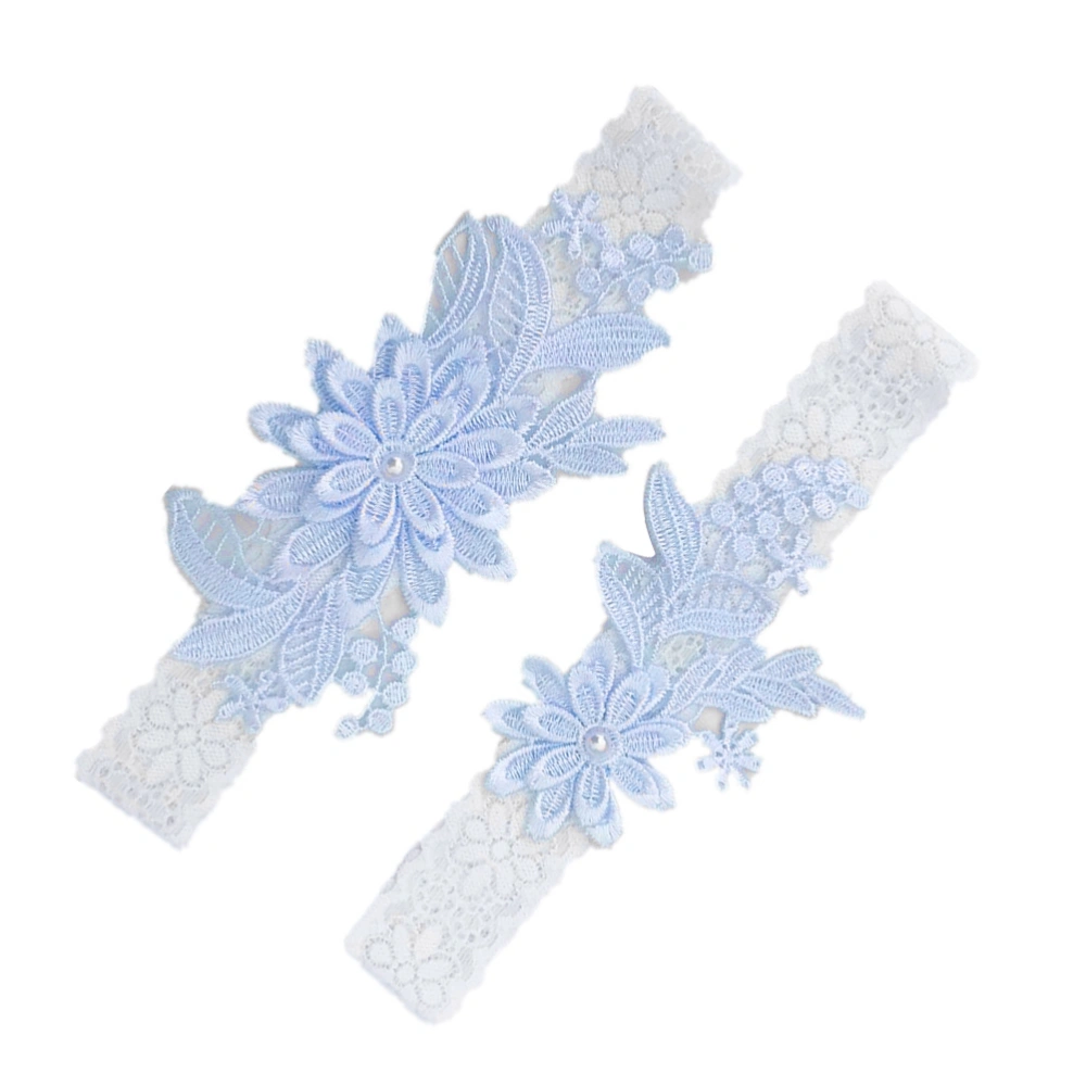 2pcs Lace Floral Suspenders Belt Stretch Pearl Inlaid Bridal Garter Belts Wedding Supplies (Sky-blue)