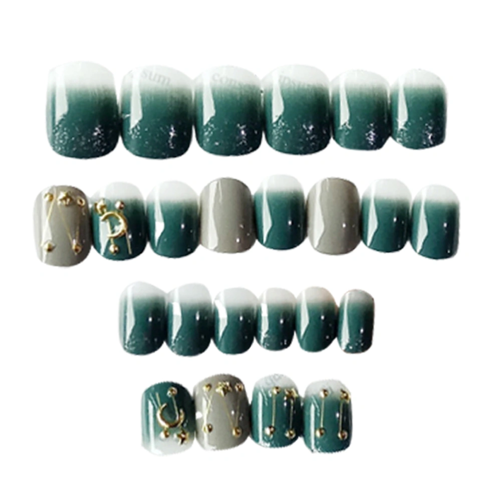 24Pcs False Nails Elegant Manicure Full Cover Medium Length Fake Nails with Artificial Diamond Art Accessories （Dark Green）