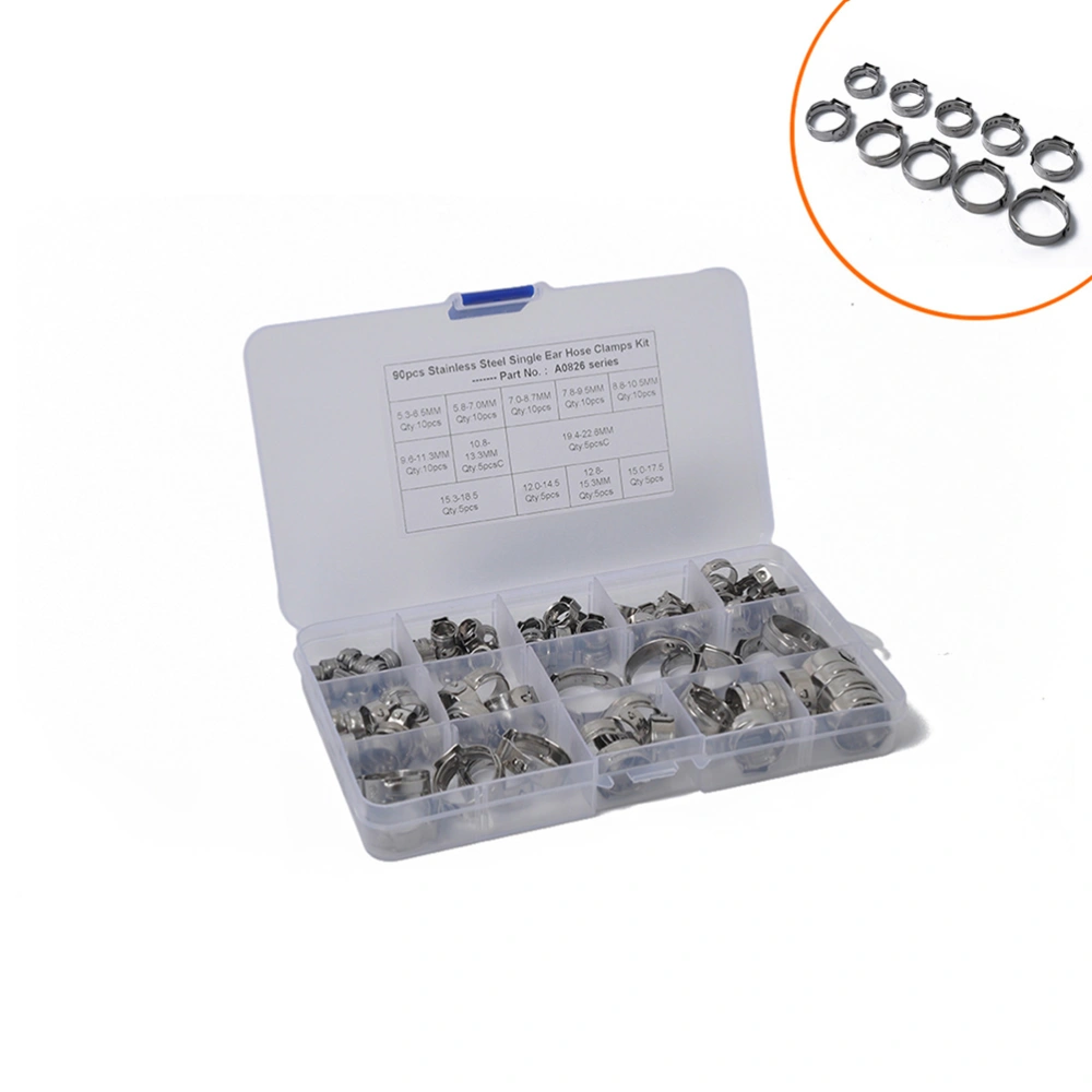 90PCS 12 Types Single Ear Hose Clamps Stainless Steel Hydraulic O-Clips Fuel Air Pipe Clamps