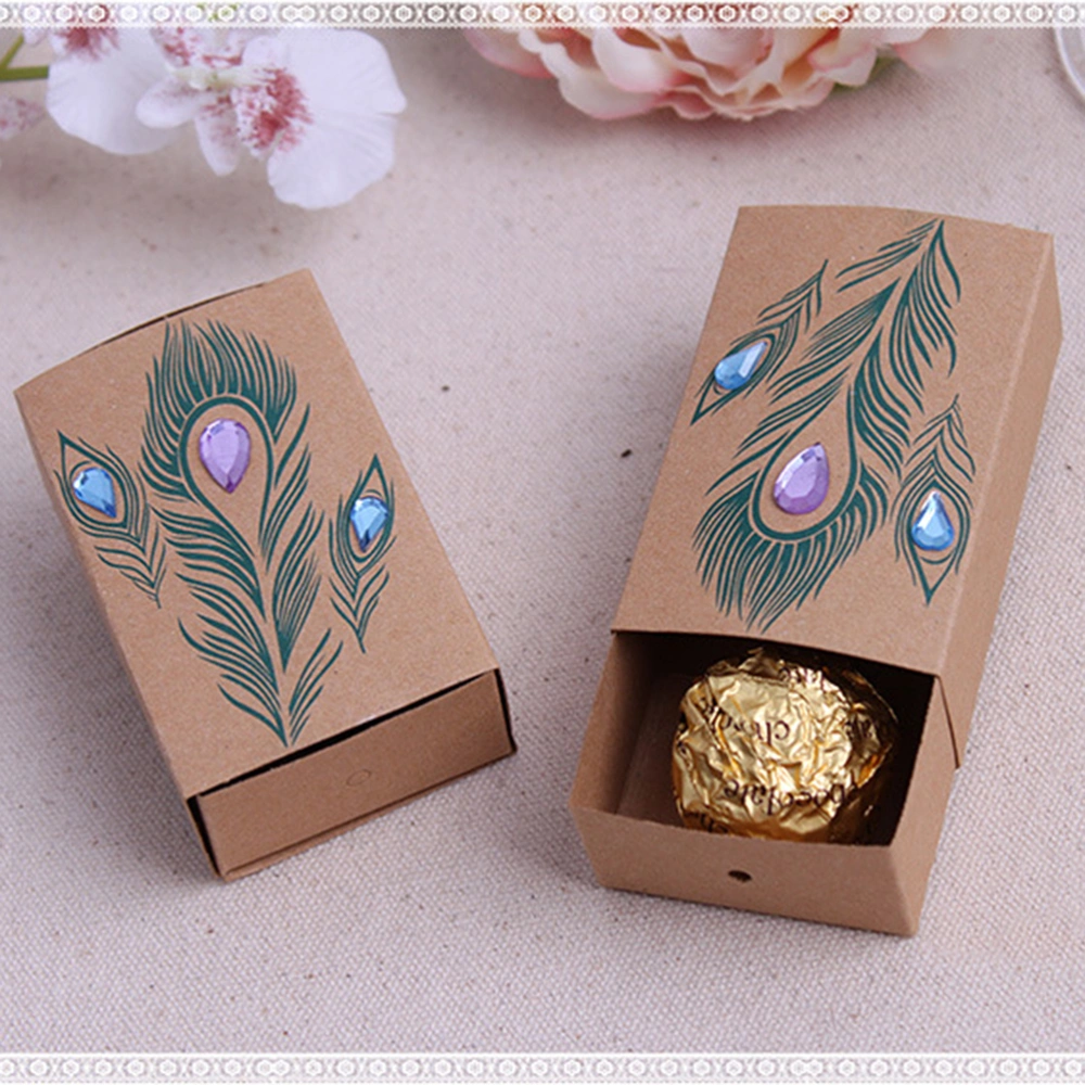 50pcs DIY Candy Boxes Feather Diamond Drawer Pull Kraft Paper Candy Gift Boxes Wedding Party Favor Gift